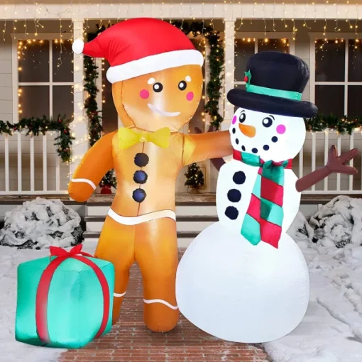 6ft Inflatable LED Gingerbread Man With Snowman