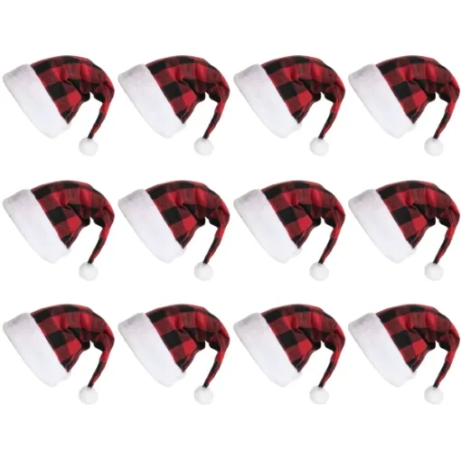 12pcs Red Velvet Plush Plaid Christmas Hat